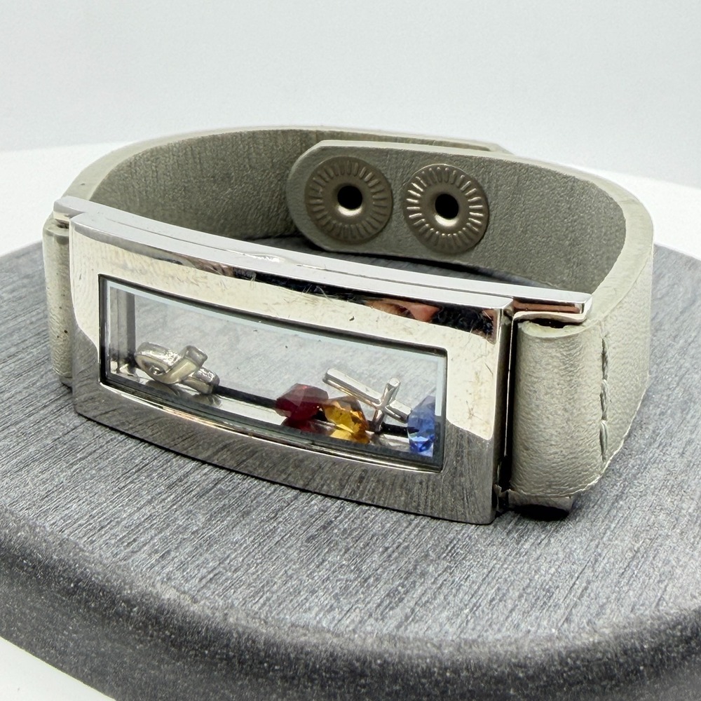 Silver Floating Charm Leather Bracelet Gray Band Multi Color Stones Gift Y2K